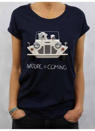 T-shirt bleu marine NATURE IS COMING pour femme