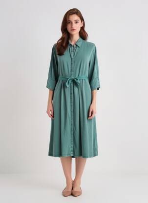 Robe mi-longue coupe fluide manches longues vert LEE COOPER femme
