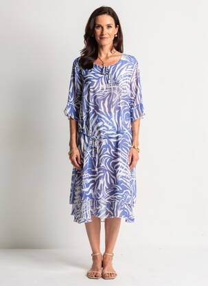 Robe mi-longue imprimé fantaisie manches courtes bleu GRIFFON femme