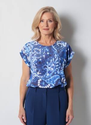 Top imprimé fantaisie manches courtes bleu FELINO femme