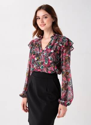 Blouse légère et transparente manches longues noir IKKS femme