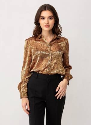 Chemisier tissage crêpe manches longues marron IKKS femme