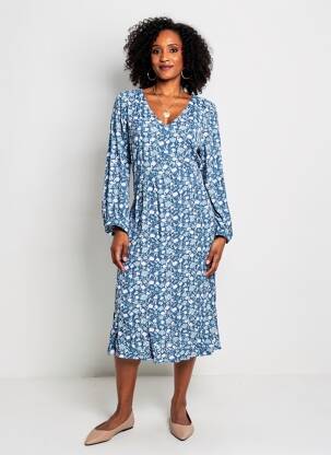Robe mi-longue imprimé fantaisie manches longues bleu LA FIANCÉE femme