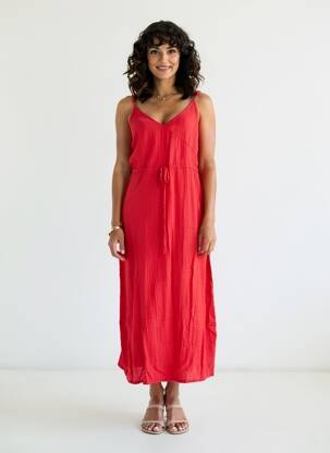 Robe mi-longue col v fines bretelles rouge LA FIANCÉE femme