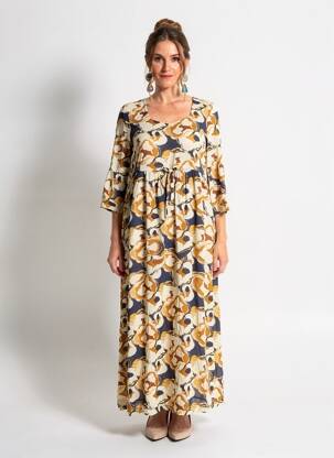 Robe longue imprimé fantaisie manches 3/4 beige LA FIANCÉE femme
