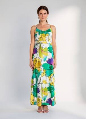 Robe longue imprimé fleurs fines bretelles vert LA FIANCÉE femme