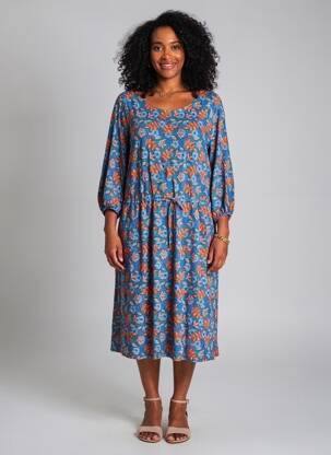 Robe mi-longue imprimé fleurs manches 3/4 bleu PRINCESSE NOMADE femme
