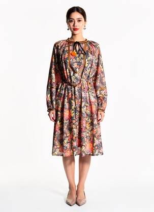 Robe mi-longue imprimé fantaisie manches longues orange LA FIANCÉE femme