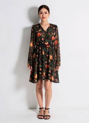 Robe courte coupe évasée manches longues noir LA FIANCÉE femme