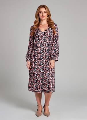 Robe mi-longue imprimé fleurs manches longues noir LA FIANCÉE femme