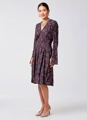 Robe mi-longue imprimé fantaisie manches longues noir LA FIANCÉE femme