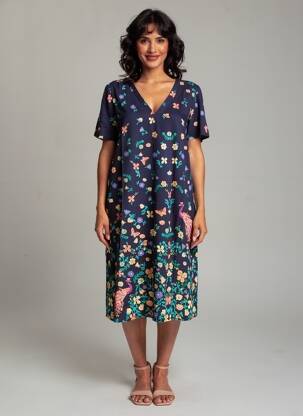 Robe mi-longue imprimé fantaisie manches courtes bleu LA FIANCÉE femme