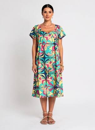 Robe mi-longue imprimé fantaisie manches courtes vert PRINCESSE NOMADE femme