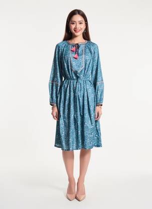 Robe mi-longue imprimé fantaisie manches longues bleu LA FIANCÉE femme