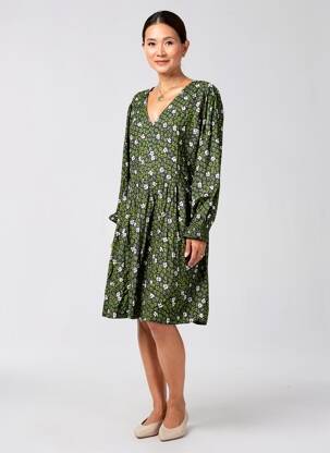 Robe mi-longue imprimé fantaisie manches longues vert PRINCESSE NOMADE femme