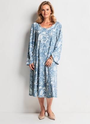 Robe mi-longue coupe fluide manches longues bleu GUY DUBOUIS femme