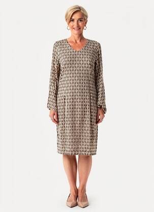 Robe mi-longue imprimé fantaisie manches longues beige GUY DUBOUIS femme