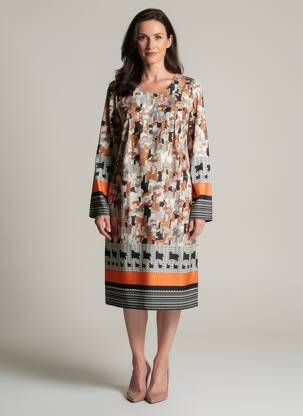 Robe mi-longue imprimé fantaisie manches longues orange GUY DUBOUIS femme
