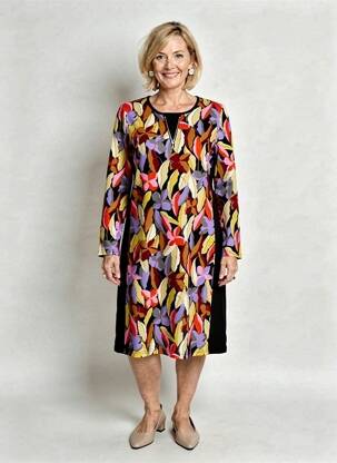 Robe mi-longue imprimé fantaisie manches longues noir GUY DUBOUIS femme