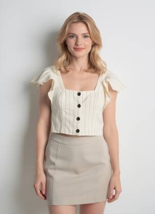 Top col carré manches courtes beige ZARA femme