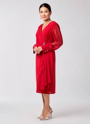 Robe mi-longue manches longues manches longues rouge FASHION NEW YORK femme