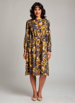 Robe mi-longue imprimé fantaisie manches longues bleu ORFEO femme