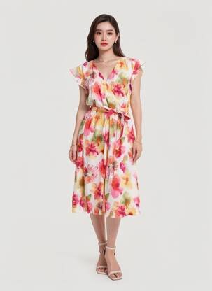 Robe mi-longue imprimé fleurs manches courtes rouge COUTURIST femme