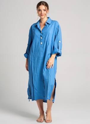Robe mi-longue coupe fluide manches longues bleu COUTURIST femme