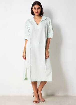 Robe mi-longue coupe fluide manches courtes bleu COUTURIST femme