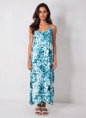 Robe longue imprimé fleurs fines bretelles bleu KAFFE femme
