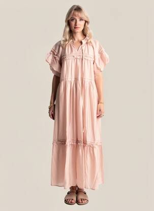 Robe longue coupe évasée manches courtes rose COMPAÑIA FANTASTICA femme