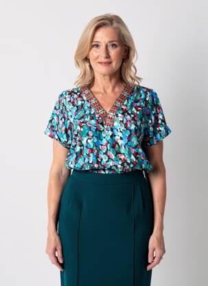 Blouse imprimé fleurs manches courtes bleu HALOGENE femme