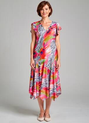 Robe mi-longue coupe fluide manches courtes rouge FELINO femme