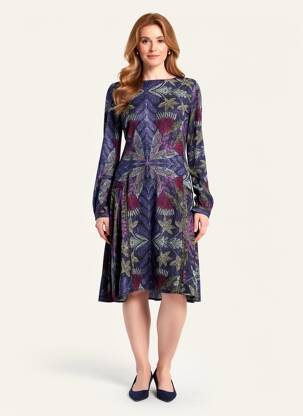 Robe mi-longue imprimé fleurs manches longues bleu SURKANA femme