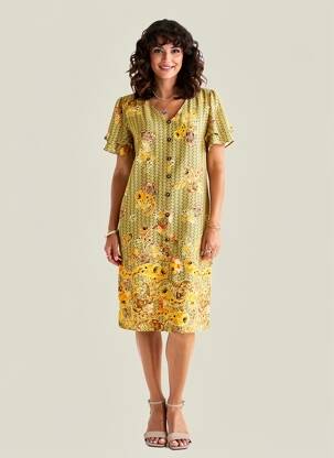 Robe mi-longue imprimé fleurs manches courtes jaune TINTA STYLE femme