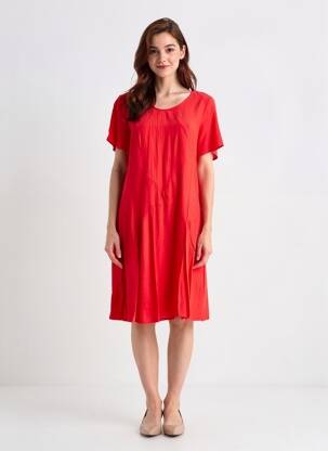 Robe mi-longue tissage crêpe manches courtes rouge BY MO femme