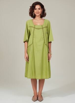 Robe mi-longue coupe fluide manches longues vert AGATHE & LOUISE femme