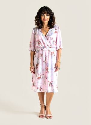 Robe mi-longue imprimé fleurs manches 3/4 rose MICHA femme