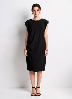 Robe mi-longue tissage crêpe manches courtes noir ICHI femme