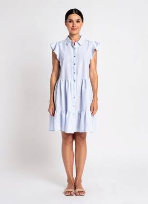 Robe mi-longue tissage crêpe manches courtes bleu YSABEL MORA femme