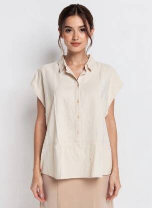 Blouse tissage popeline manches courtes beige ICHI femme