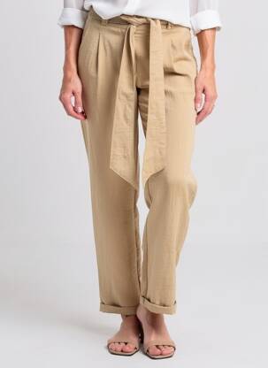 Pantalon droit fermeture zippée sous rabat avec crochet beige MORGAN femme
