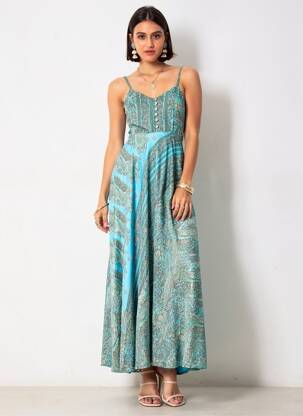 Robe longue imprimé fantaisie fines bretelles bleu FOLLOW YOUR SOUL femme