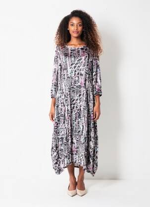 Robe longue imprimé fantaisie manches 3/4 gris KOZAN femme
