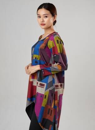 Pull tunique col rond manches longues bleu KOZAN femme