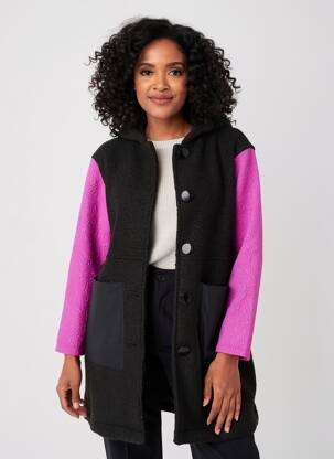 Manteau long coupe droite a capuche noir KOZAN femme