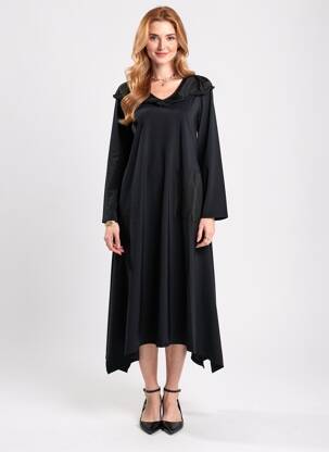 Robe mi-longue tissage crêpe manches longues noir KOZAN femme
