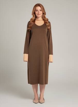 Robe mi-longue imprimé fantaisie manches longues marron CPC femme