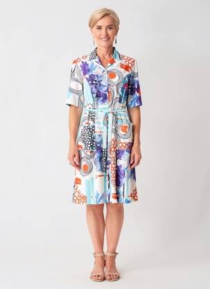 Robe mi-longue imprimé fantaisie manches courtes blanc GUY DUBOUIS femme