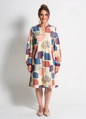 Robe mi-longue imprimé fantaisie manches longues beige MADE IN SENS femme
